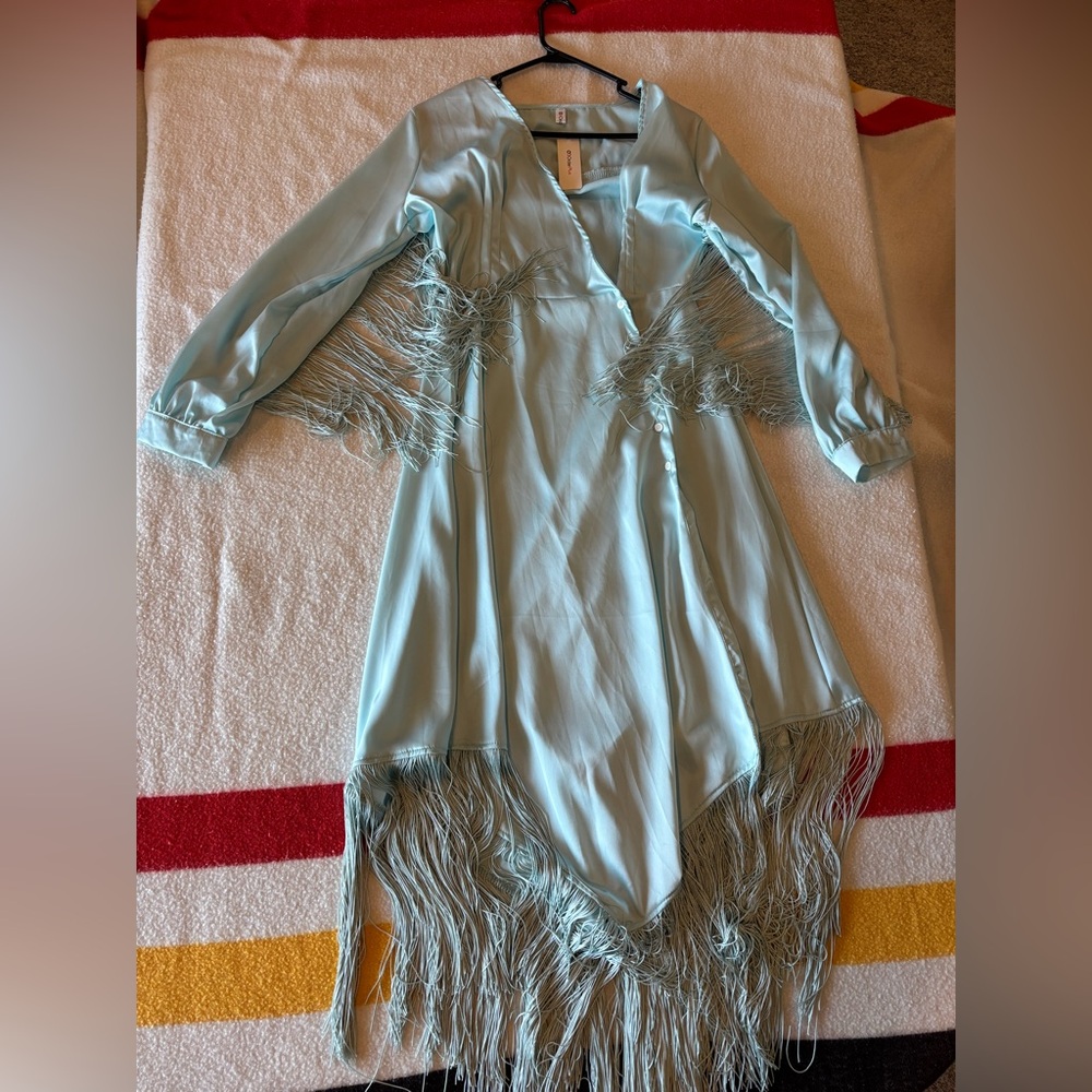 Fringed Light Blue Satin Button-Front Dress
